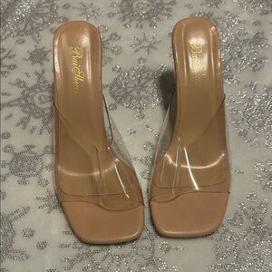 Boohoo Tan and Clear Strap Heels